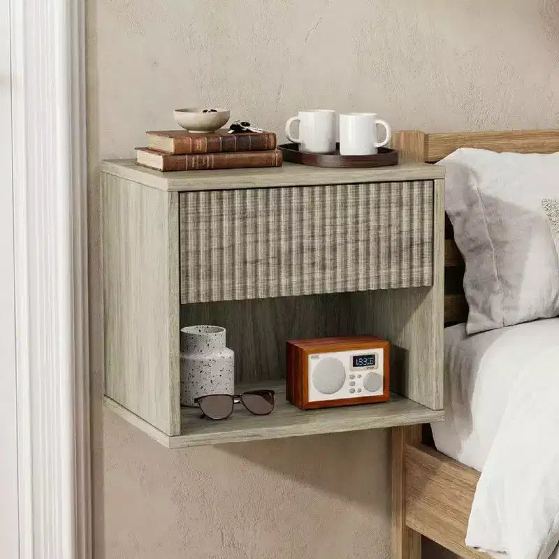 Table de chevet flottante grise avec tiroir et étagère – Lot de 2