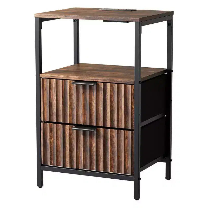 Table de chevet marron avec 2 tiroirs, 1 étagère et prise de courant – Simple