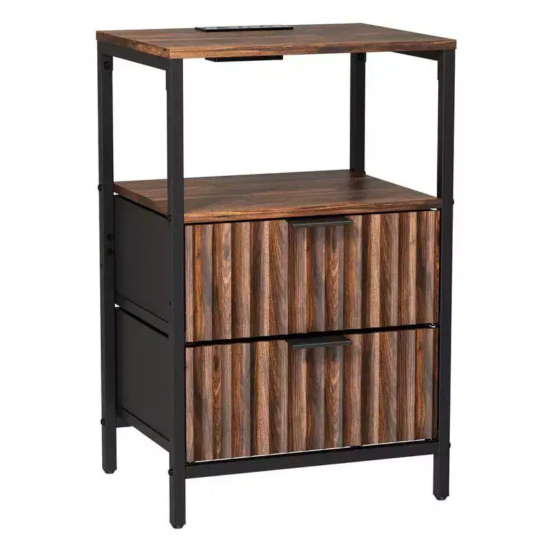 Table de chevet marron avec 2 tiroirs, 1 étagère et prise de courant – Simple