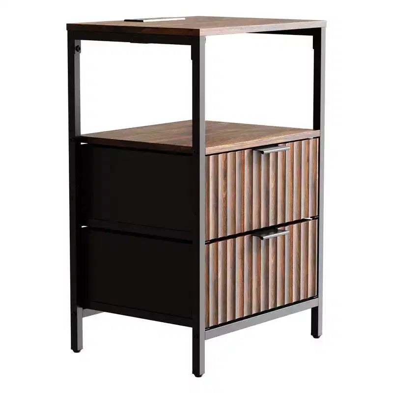 Table de chevet marron avec 2 tiroirs, 1 étagère et prise de courant – Simple