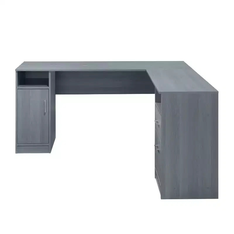 Bureau d'angle gris avec tiroirs de rangement et armoire – 1 personne