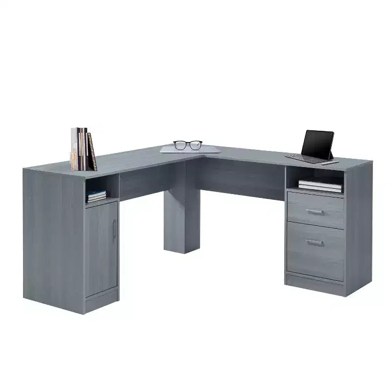 Bureau d'angle gris avec tiroirs de rangement et armoire – 1 personne