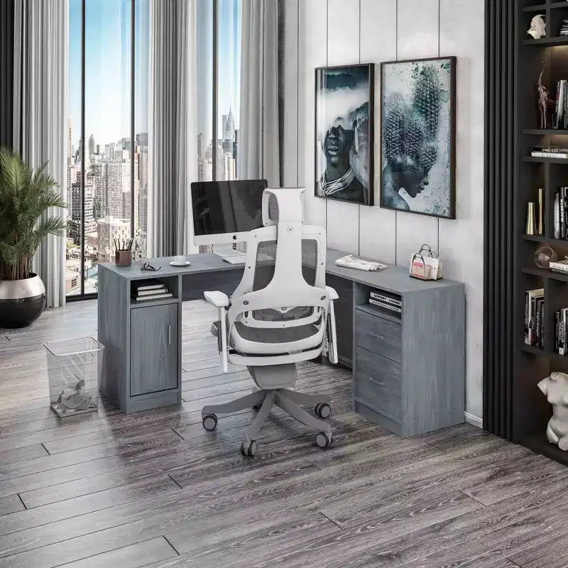 Bureau d'angle gris avec tiroirs de rangement et armoire – 1 personne