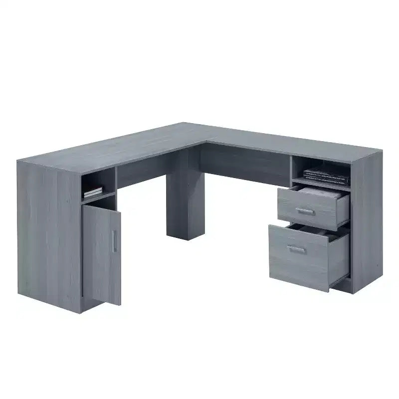 Bureau d'angle gris avec tiroirs de rangement et armoire – 1 personne