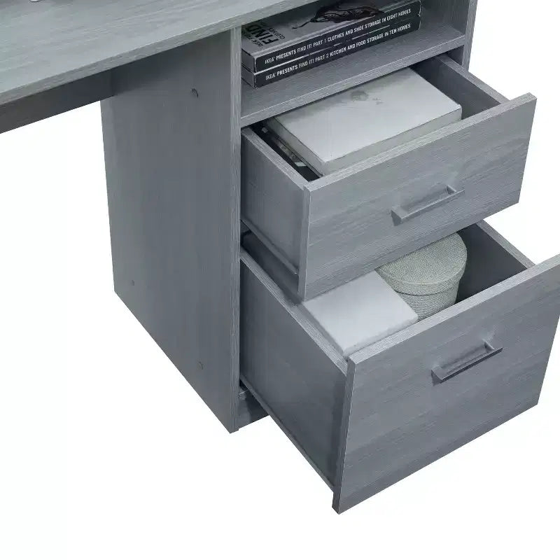 Bureau d'angle gris avec tiroirs de rangement et armoire – 1 personne