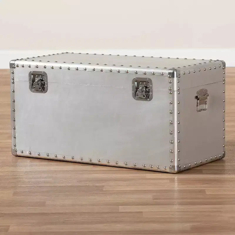 Malle de rangement industrielle argentée – Métal et bois, utilisation individuelle