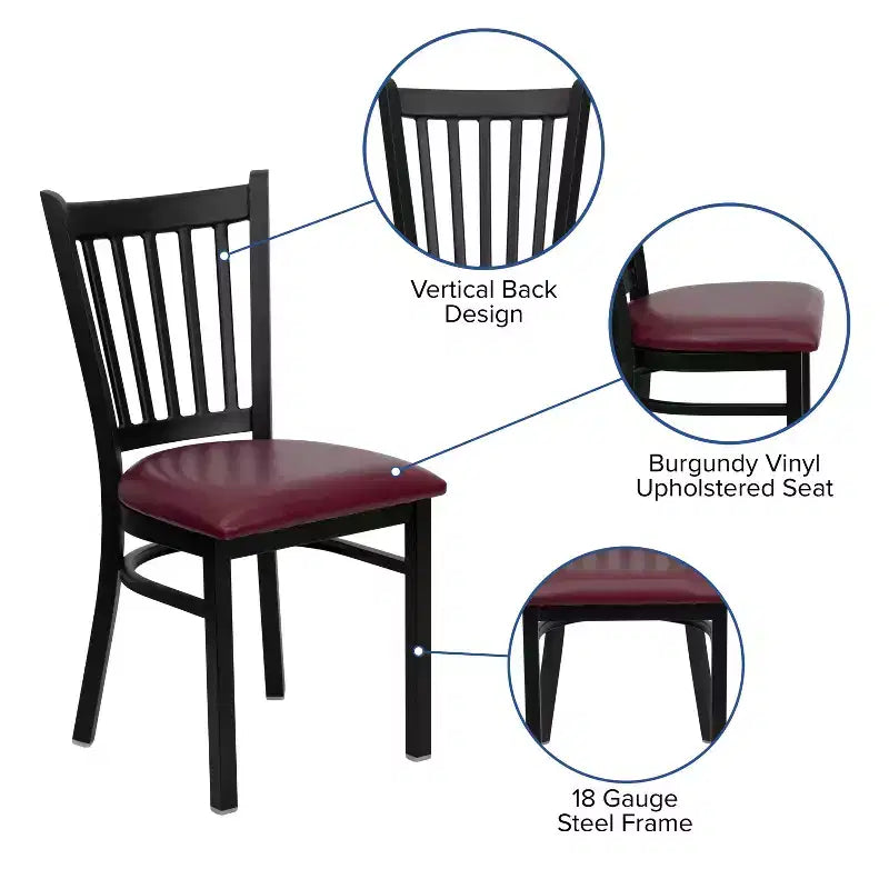 Chaise de salle à manger à dossier vertical avec cadre en métal noir – Assise en vinyle ou en bois, 1 place