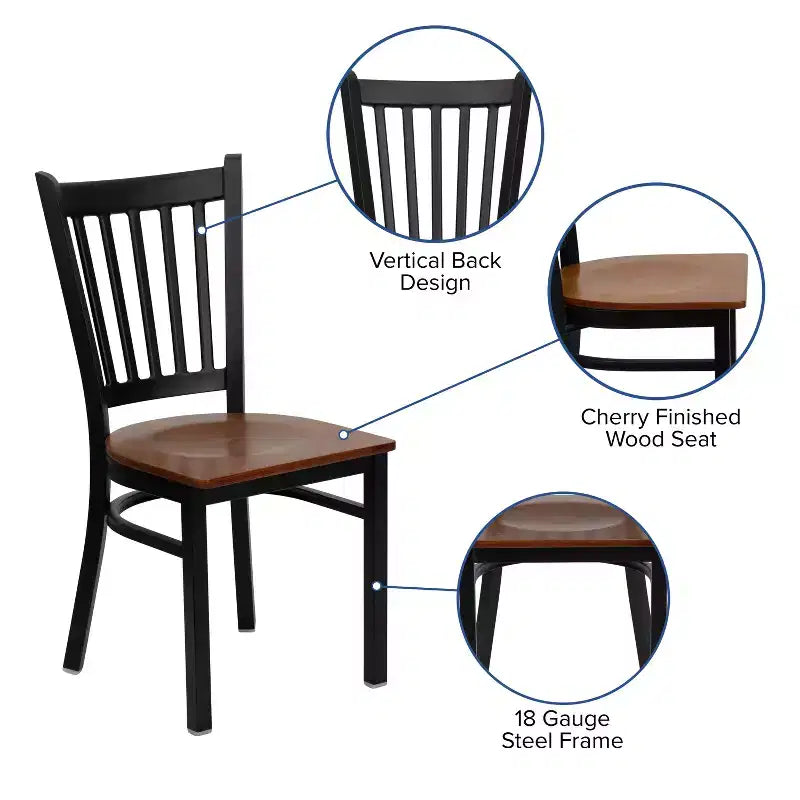 Chaise de salle à manger à dossier vertical avec cadre en métal noir – Assise en vinyle ou en bois, 1 place