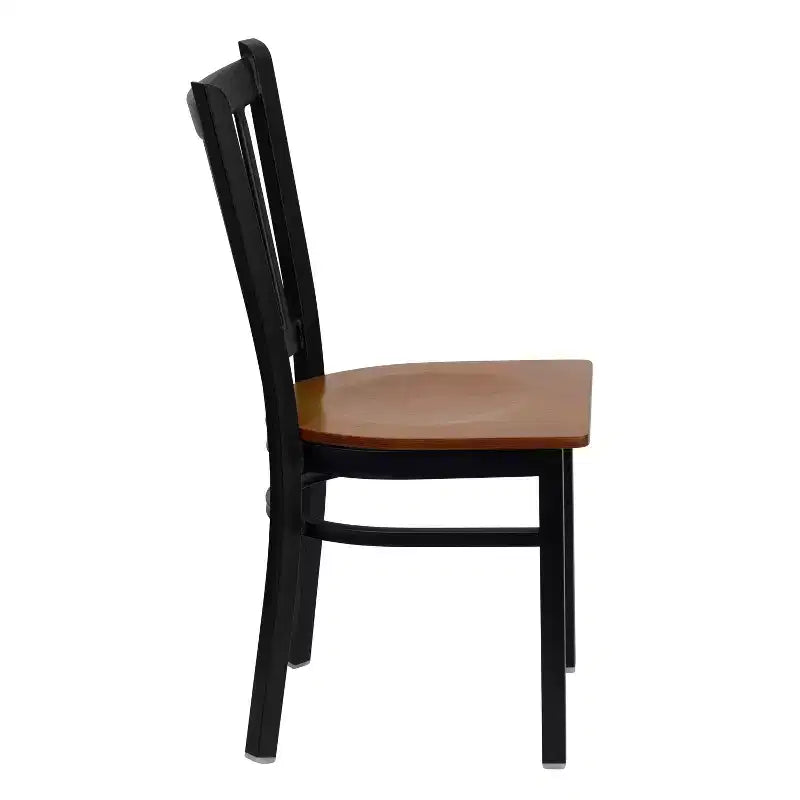 Chaise de salle à manger à dossier vertical avec cadre en métal noir – Assise en vinyle ou en bois, 1 place
