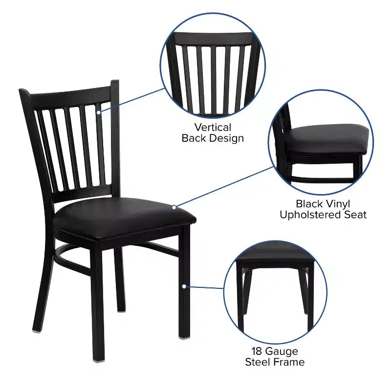 Chaise de salle à manger à dossier vertical avec cadre en métal noir – Assise en vinyle ou en bois, 1 place