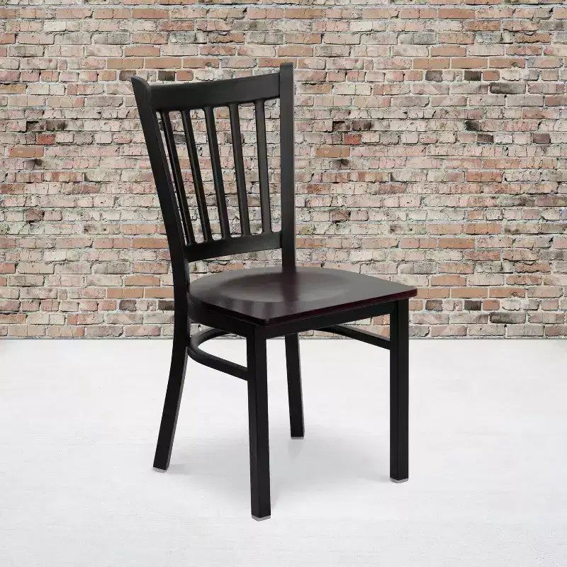 Chaise de salle à manger à dossier vertical avec cadre en métal noir – Assise en vinyle ou en bois, 1 place