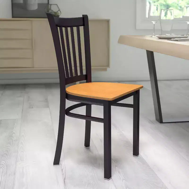 Chaise de salle à manger à dossier vertical avec cadre en métal noir – Assise en vinyle ou en bois, 1 place