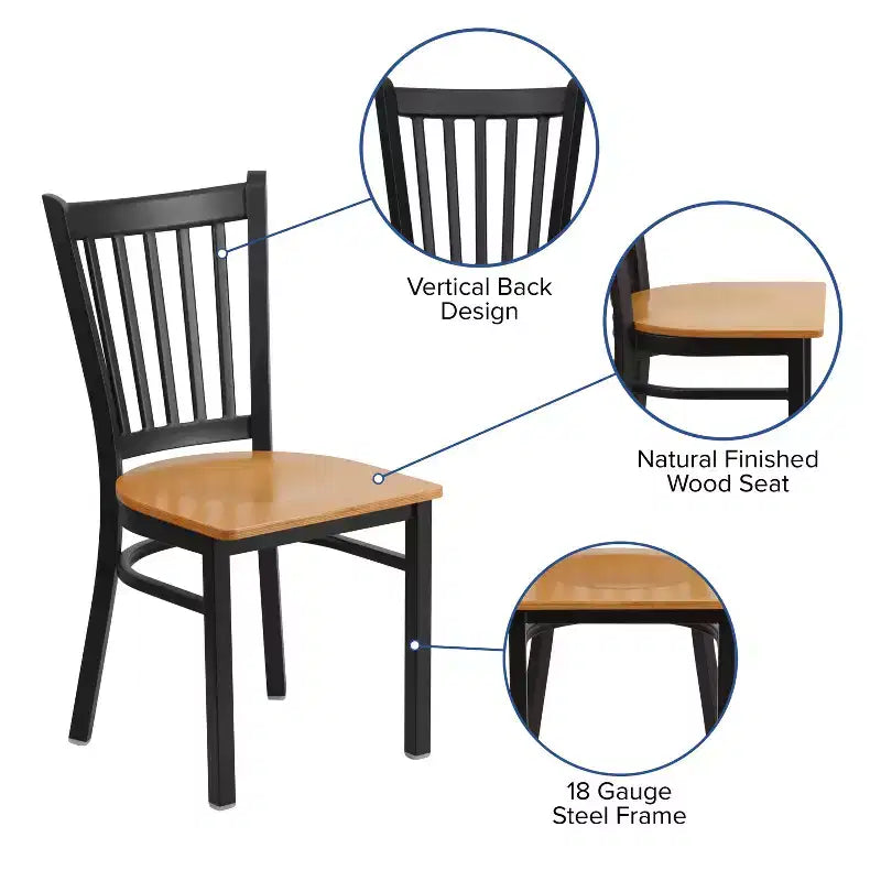Chaise de salle à manger à dossier vertical avec cadre en métal noir – Assise en vinyle ou en bois, 1 place