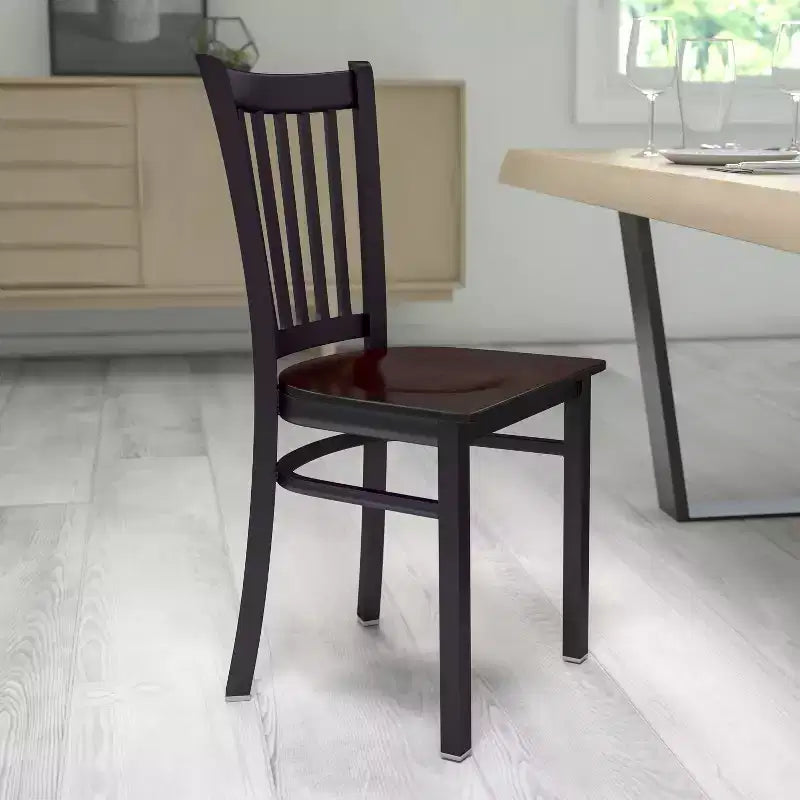 Chaise de salle à manger à dossier vertical avec cadre en métal noir – Assise en vinyle ou en bois, 1 place