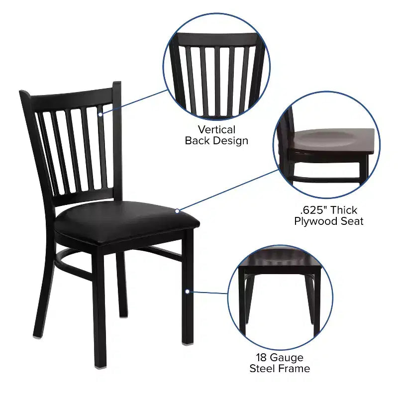 Chaise de salle à manger à dossier vertical avec cadre en métal noir – Assise en vinyle ou en bois, 1 place