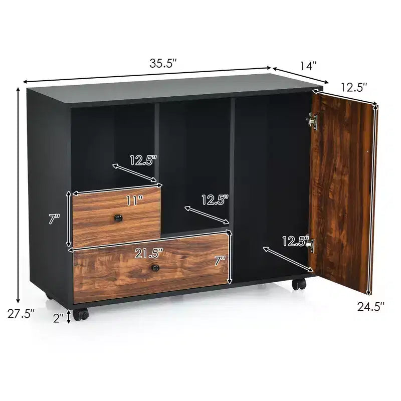 Meuble de classement roulant marron et noir avec 2 tiroirs et étagères ouvertes, assemblage par 1 personne