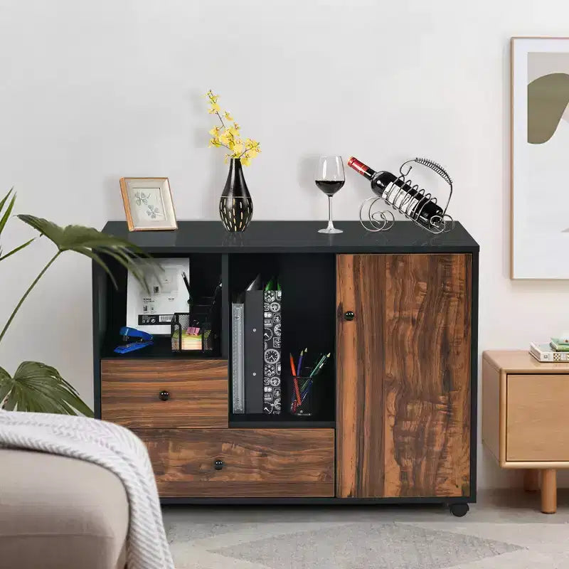 Meuble de classement roulant marron et noir avec 2 tiroirs et étagères ouvertes, assemblage par 1 personne