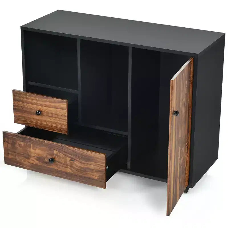 Meuble de classement roulant marron et noir avec 2 tiroirs et étagères ouvertes, assemblage par 1 personne