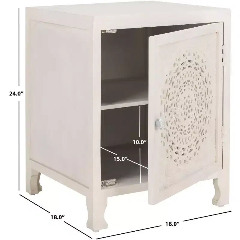 Table de chevet carrée blanc cassé avec 2 étagères et 1 porte – 1 personne