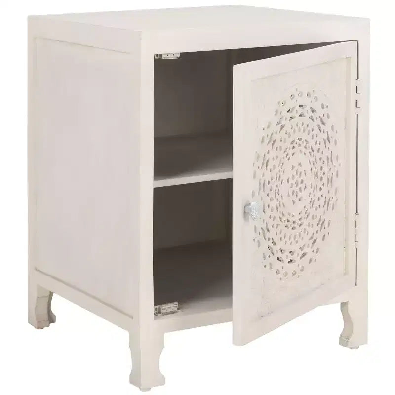 Table de chevet carrée blanc cassé avec 2 étagères et 1 porte – 1 personne
