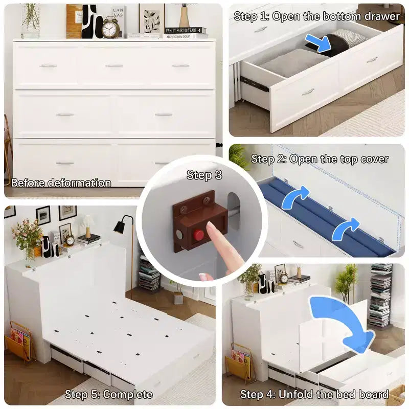 Lit escamotable blanc avec tiroir et station de charge – Grand lit/Très grand lit, 1-2 personnes
