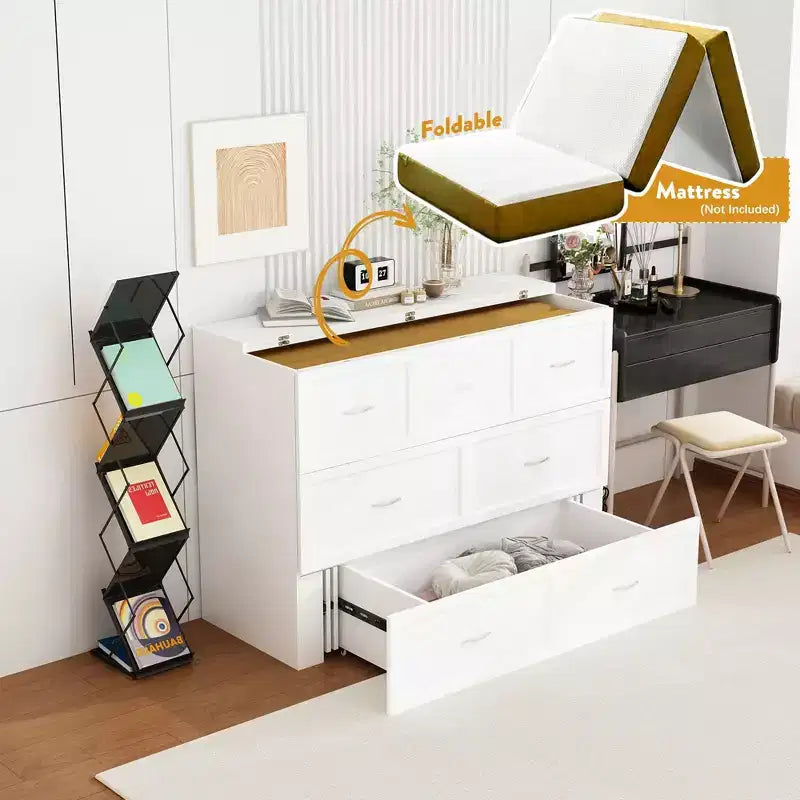Lit escamotable blanc avec tiroir et station de charge – Grand lit/Très grand lit, 1-2 personnes