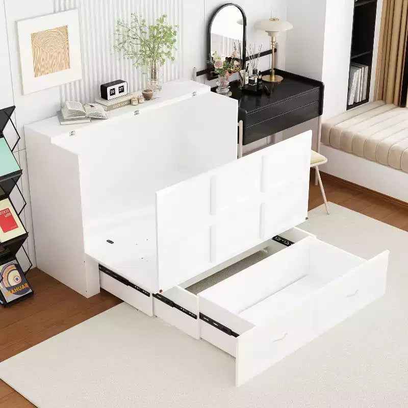 Lit escamotable blanc avec tiroir et station de charge – Grand lit/Très grand lit, 1-2 personnes
