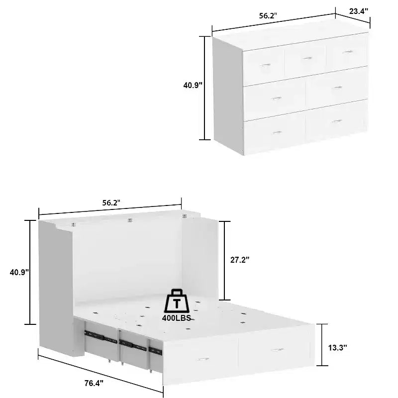 Lit escamotable blanc avec tiroir et station de charge – Grand lit/Très grand lit, 1-2 personnes