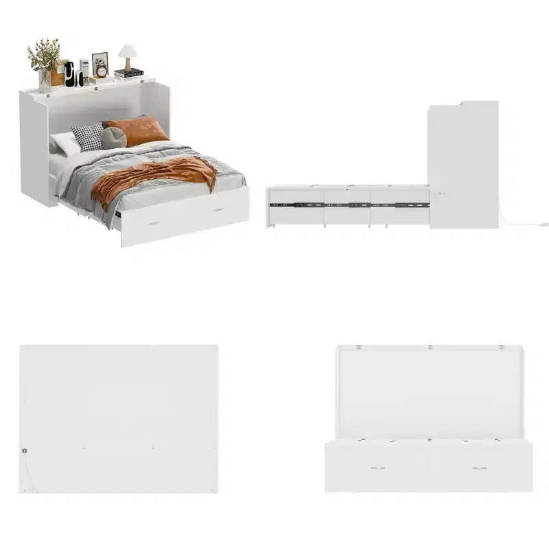 Lit escamotable blanc avec tiroir et station de charge – Grand lit/Très grand lit, 1-2 personnes