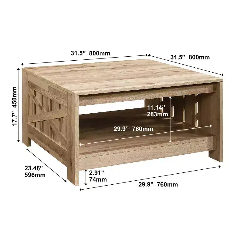 Table basse carrée 31,5" – Chêne noir / Chêne / Noyer, avec étagère de rangement ouverte