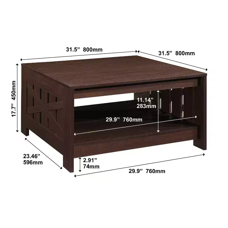 Table basse carrée 31,5" – Chêne noir / Chêne / Noyer, avec étagère de rangement ouverte