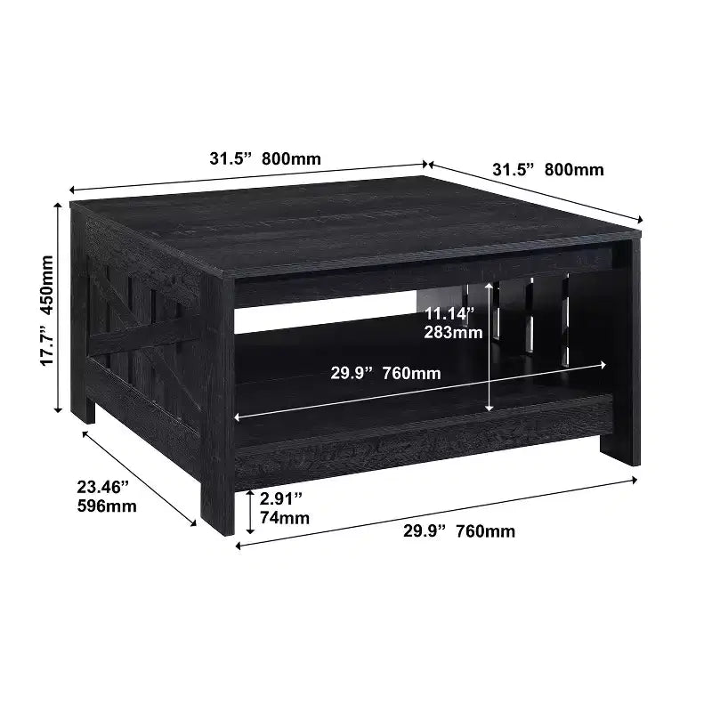 Table basse carrée 31,5" – Chêne noir / Chêne / Noyer, avec étagère de rangement ouverte