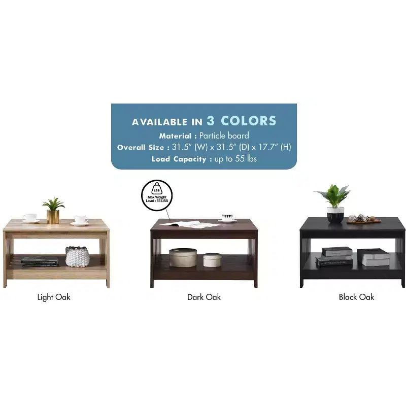 Table basse carrée 31,5" – Chêne noir / Chêne / Noyer, avec étagère de rangement ouverte