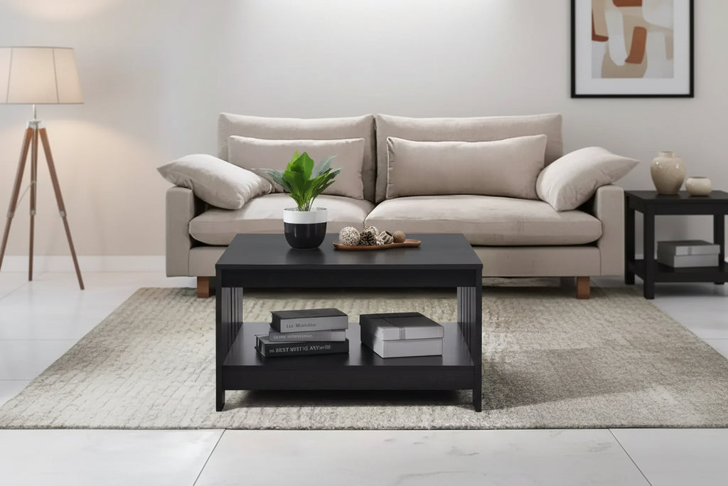 Table basse carrée 31,5" – Chêne noir / Chêne / Noyer, avec étagère de rangement ouverte