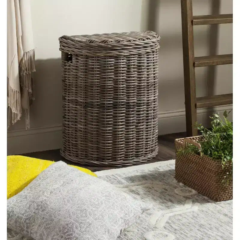 Panier à linge en rotin gris avec couvercle – Demi-lune, compartiment unique